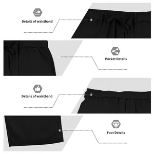 Primi piani di pantaloni di lino neri che mostrano vita, tasche e dettagli dell'orlo.