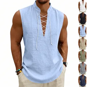 Detail view of men's medieval lace-up linen vest showing multiple color variants.