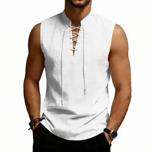 Close-up detail of white linen-textured lace-up sleeveless tank top with medieval style