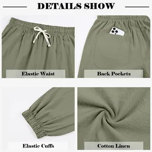 Details of sage green men's cotton linen joggers featuring elastic waist and cuffs