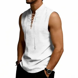 Close-up detail of white linen men's sleeveless tank top with viking lace-up neckline