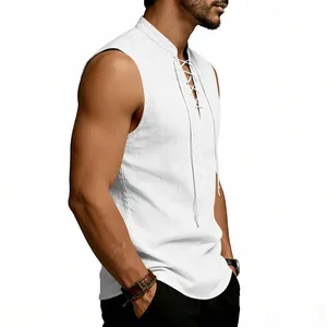 Side view of a white medieval linen vest with drawstring and sleeveless design
