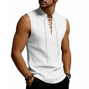 Detailed view of men's sleeveless medieval viking linen tank top with front drawstring