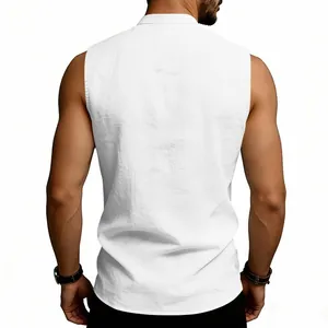 Detailed back view of a white linen sleeveless shirt featuring a classic mandarin collar