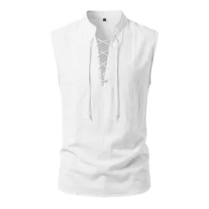 Men's white medieval Viking style sleeveless linen vest featuring a drawstring V-neck