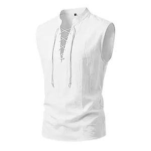 Close-up detail of white men's Viking medieval sleeveless linen tank top with lace-up V-neck