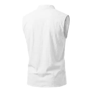 Back view of a breathable white sleeveless linen vest with minimalist summer style