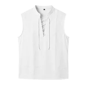 Close-up detail of white linen men's vest featuring a medieval lace-up drawstring neck