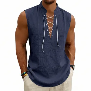 Detail of men's Viking linen tank top with adjustable white lace-up drawstring front.