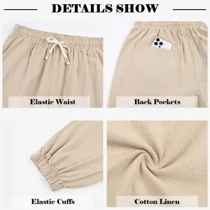 Detailed views of beige cotton linen joggers with elastic waist and back pockets