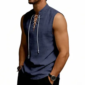 Detailed view of men's blue medieval Viking lace-up linen sleeveless vest on model