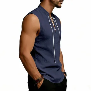 Detailed side view of men's Viking linen sleeveless vest with white chest lacing