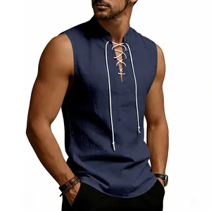 Detail of men's navy blue viking linen tank top with front lacing and breathable texture