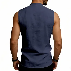 Rear view of a men's breathable navy blue linen sleeveless vest with a stand collar