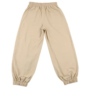 Back view of men's loose linen jogger pants featuring elastic cuffs and two rear pockets