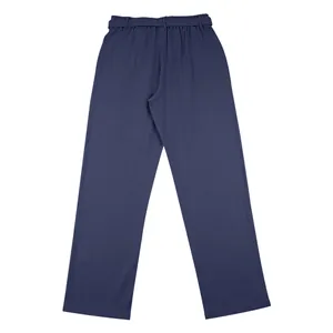 Vista posteriore di pantaloni dritti in lino blu navy da uomo con vita elastica.
