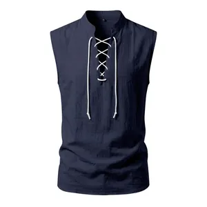 Detailed view of navy blue medieval Viking sleeveless vest with lace-up drawstring neckline