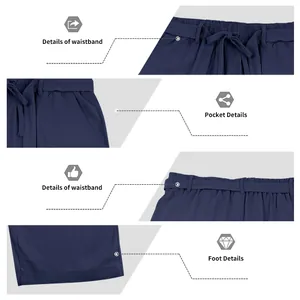 Dettagli dei pantaloni in lino blu navy con coulisse, tasche e orli delle gambe.