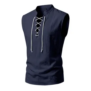 Detail view of navy blue medieval lace-up linen vest with textured fabric