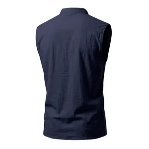 Back view of a navy blue sleeveless linen vest for men with a classic stand collar design