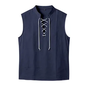 Navy blue Viking style men's sleeveless linen vest with white lace-up drawstring front.