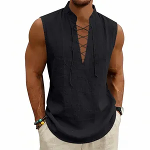 Detail of men's medieval lace-up sleeveless linen vest showing textured fabric in black.