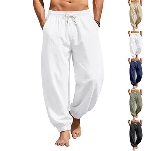 Men's Linen Cotton Blend Casual Trousers Loose Fit Drawstring Elastic Waist Beach Jogger Pants Summer Breathable Solid Color Bottoms