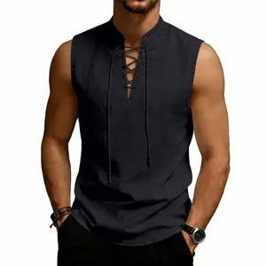 Close-up of men's medieval Viking linen vest with lace-up front detail