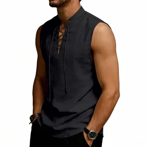 Detailed view of men's Viking medieval linen drawstring sleeveless tank top in black