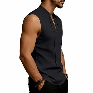 Side view detail of a black Viking style sleeveless vest with lace-up drawstring neck.