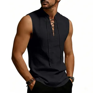 Close-up of black linen sleeveless vest featuring medieval lace-up drawstring neckline