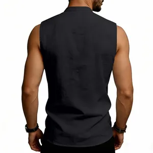 Detailed back view of a black sleeveless linen vest for men in Viking medieval style