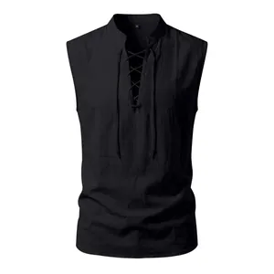 Detailed close-up view of a black medieval Viking lace-up sleeveless linen vest for men