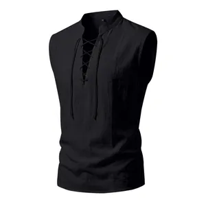 Detailed macro view of black men's Viking sleeveless vest with medieval lace-up design