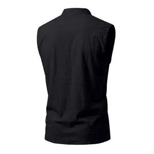 Detailed back view of men's medieval Viking black linen sleeveless vest with breathable texture