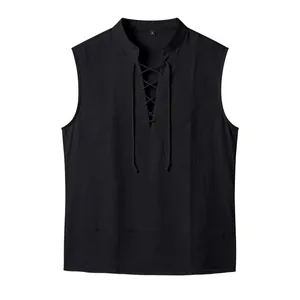 Detail view of black sleeveless men's Viking vest with medieval lace-up drawstring design