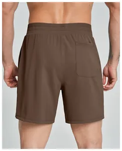 Professional back view of men's quick-dry brown athletic shorts with functional pocket