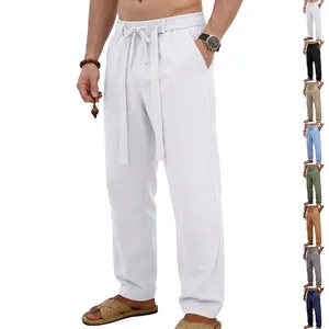 Men Loose Linen Blend Straight Leg Casual Pants Summer Breathable Drawstring Waist Solid Color Beach Vacation Bottom