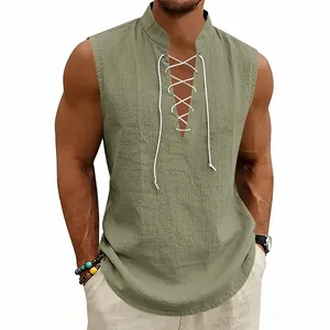 Detail shot of men's sleeveless breathable linen vest with a lace-up V-neck design.