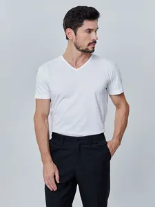 Vue détaillée d'un t-shirt classique blanc à col en V pour homme sur un mannequin pro