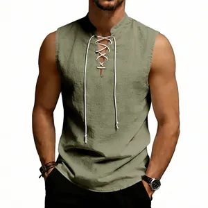 Detail view of men's medieval viking sleeveless linen vest with lace-up drawstring neck