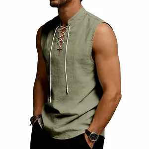 Detail view of men's medieval Viking linen vest with white lace-up drawstring front