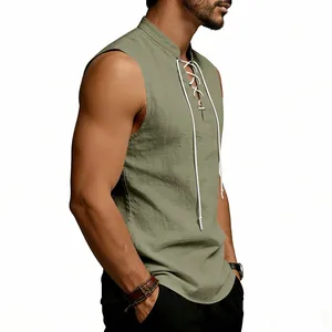 Detailed side view of men's medieval style linen vest with lace-up neckline