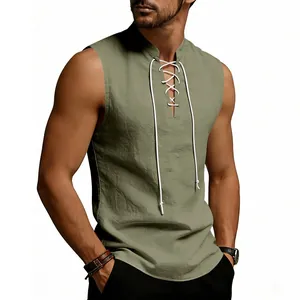 Close-up detail of men's olive green linen vest with medieval V-neck drawstring closure