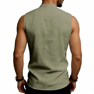Back view of men's sleeveless olive green linen vest featuring a minimalist standing collar design