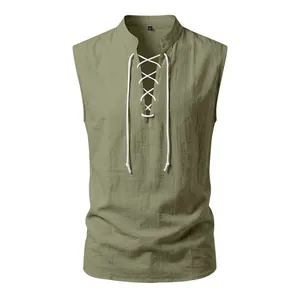 Front view of olive green medieval Viking style drawstring linen sleeveless vest for men