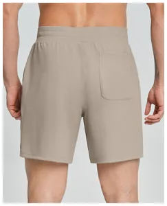 Detailed back view of men's khaki athletic quick-dry shorts with a functional rear pocket