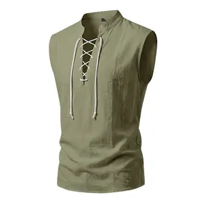 Detailed view of men's medieval Viking linen vest with lace-up drawstring front