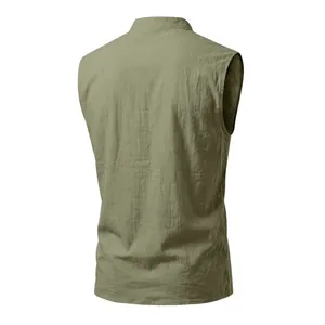 Back view of a men's olive green linen sleeveless vest with a textured finish