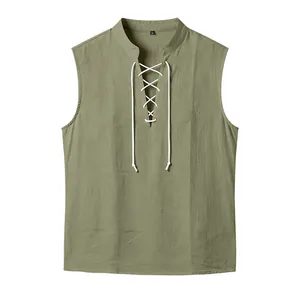 Men's Viking style medieval sleeveless linen vest with a white lace-up drawstring